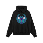 Charlotte Rebel Alliance Hoodie showcases a black pullover with a striking purple insect motif on the chest, symbolizing defi