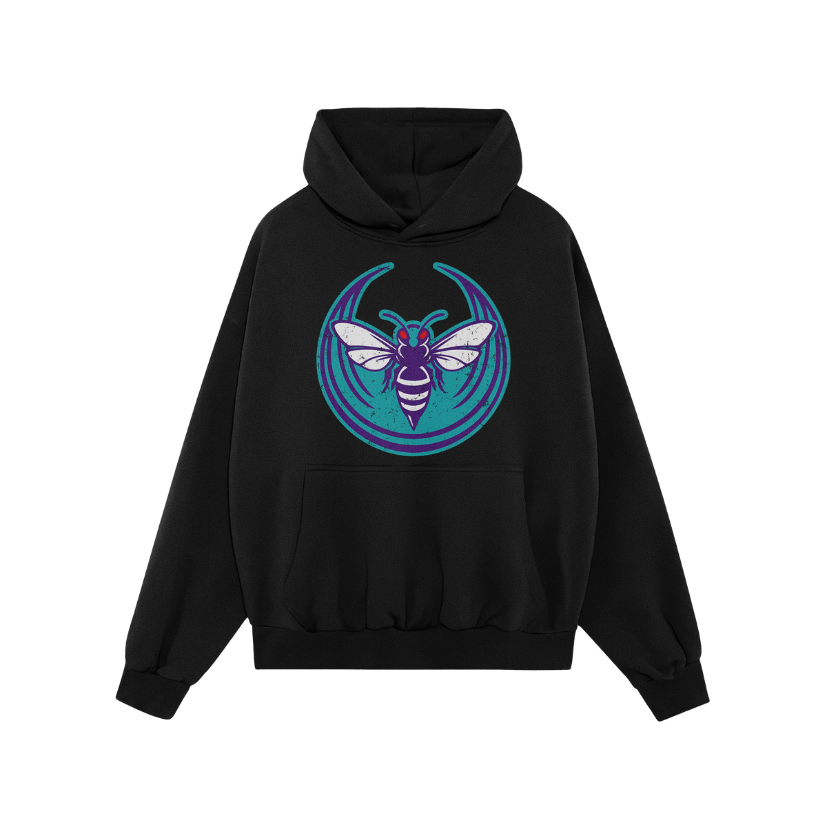 Charlotte Rebel Alliance Hoodie showcases a black pullover with a striking purple insect motif on the chest, symbolizing defi