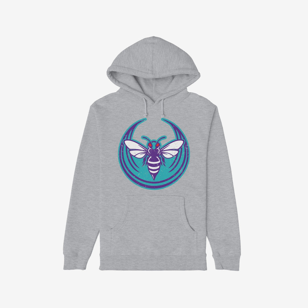Charlotte Rebel Alliance Hoodie showcases a light-gray pullover with a kangaroo pocket and hood drawstrings, featuring a stylized hornet emblem symbolizing anti-fascism, set against a teal swoosh background.