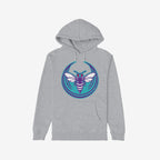 Charlotte Rebel Alliance Hoodie showcases a light-gray pullover with a kangaroo pocket and hood drawstrings, featuring a stylized hornet emblem symbolizing anti-fascism, set against a teal swoosh background.