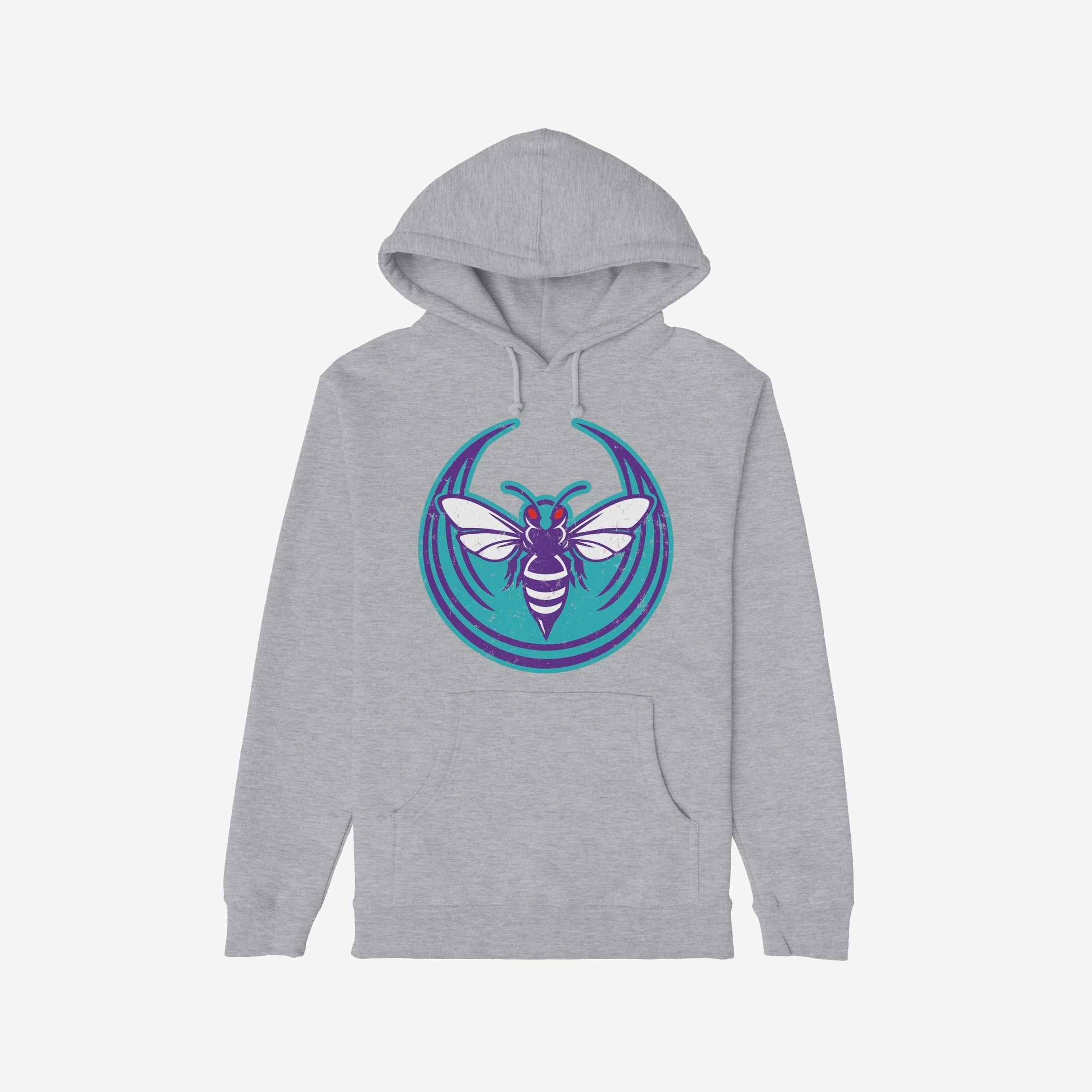Charlotte Rebel Alliance Hoodie showcases a light-gray pullover with a kangaroo pocket and hood drawstrings, featuring a stylized hornet emblem symbolizing anti-fascism, set against a teal swoosh background.