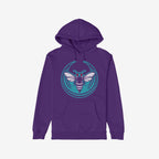 Charlotte Rebel Alliance Hoodie featuring a bold hornet design with red eyes and teal rings on a purple pullover, embodying protest-ready spirit with its drawstring hood and kangaroo pocket.