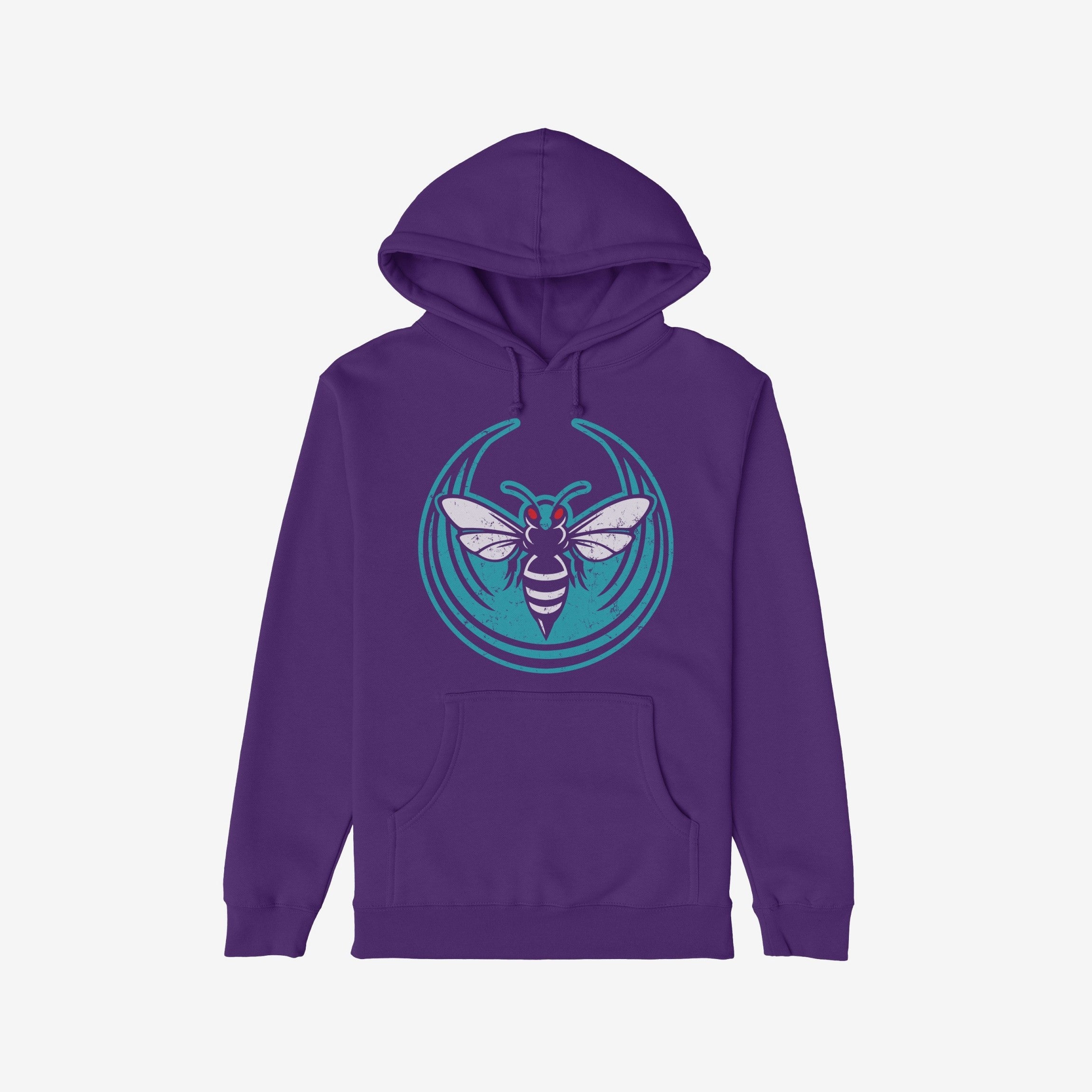 Charlotte Rebel Alliance Hoodie featuring a bold hornet design with red eyes and teal rings on a purple pullover, embodying protest-ready spirit with its drawstring hood and kangaroo pocket.