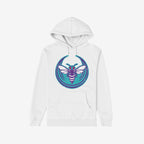 The Charlotte Rebel Alliance Hoodie features a white pullover with a bold purple-and-teal insect graphic, symbolizing defiance, on the chest, perfect for protest-ready individuals.