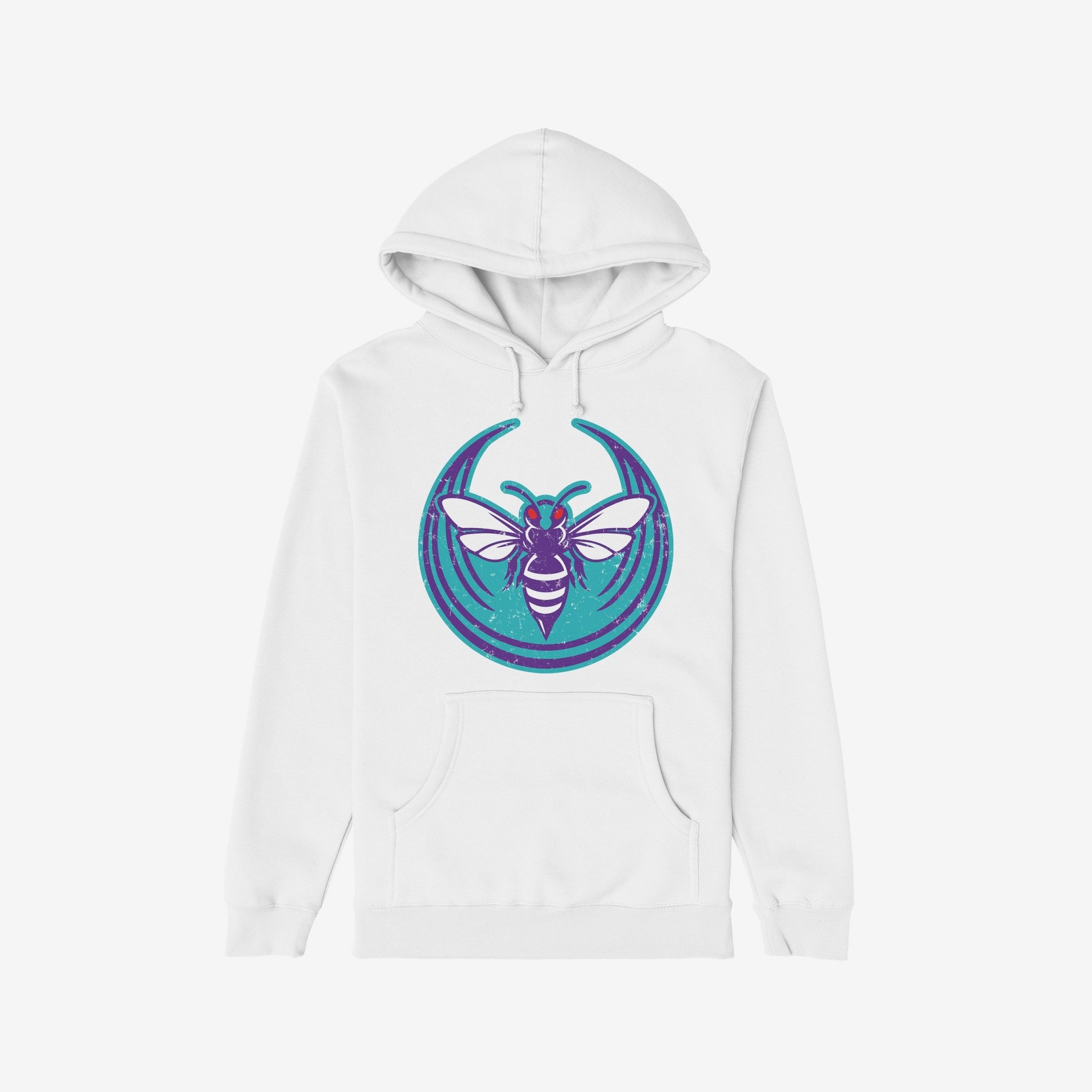 The Charlotte Rebel Alliance Hoodie features a white pullover with a bold purple-and-teal insect graphic, symbolizing defiance, on the chest, perfect for protest-ready individuals.
