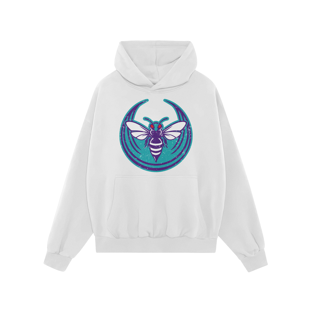 The Charlotte Rebel Alliance Hoodie features a white pullover with a bold purple-and-teal insect graphic, symbolizing defianc