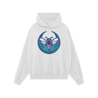 The Charlotte Rebel Alliance Hoodie features a white pullover with a bold purple-and-teal insect graphic, symbolizing defianc