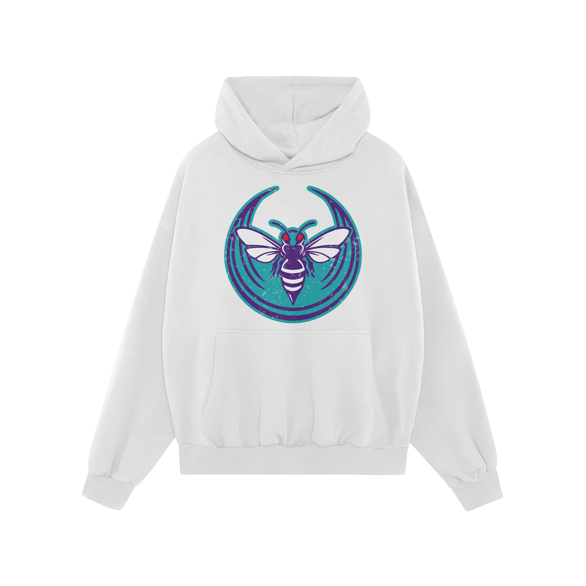 The Charlotte Rebel Alliance Hoodie features a white pullover with a bold purple-and-teal insect graphic, symbolizing defianc