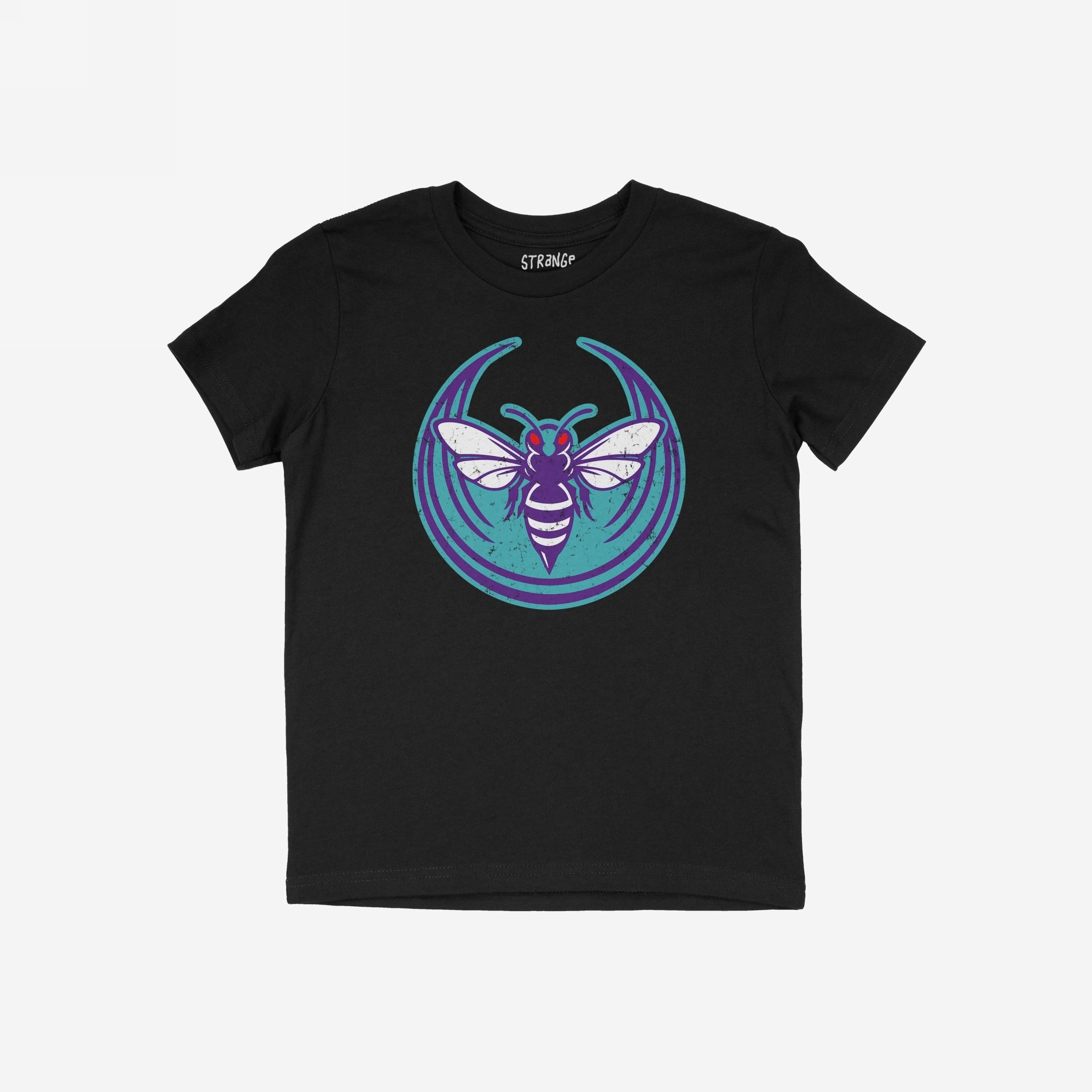 Charlotte Rebel Alliance T-shirt features a bold insect graphic with purple and white accents on a teal backdrop. The word STRANGE. appears inside the collar, reflecting the store's activist spirit.