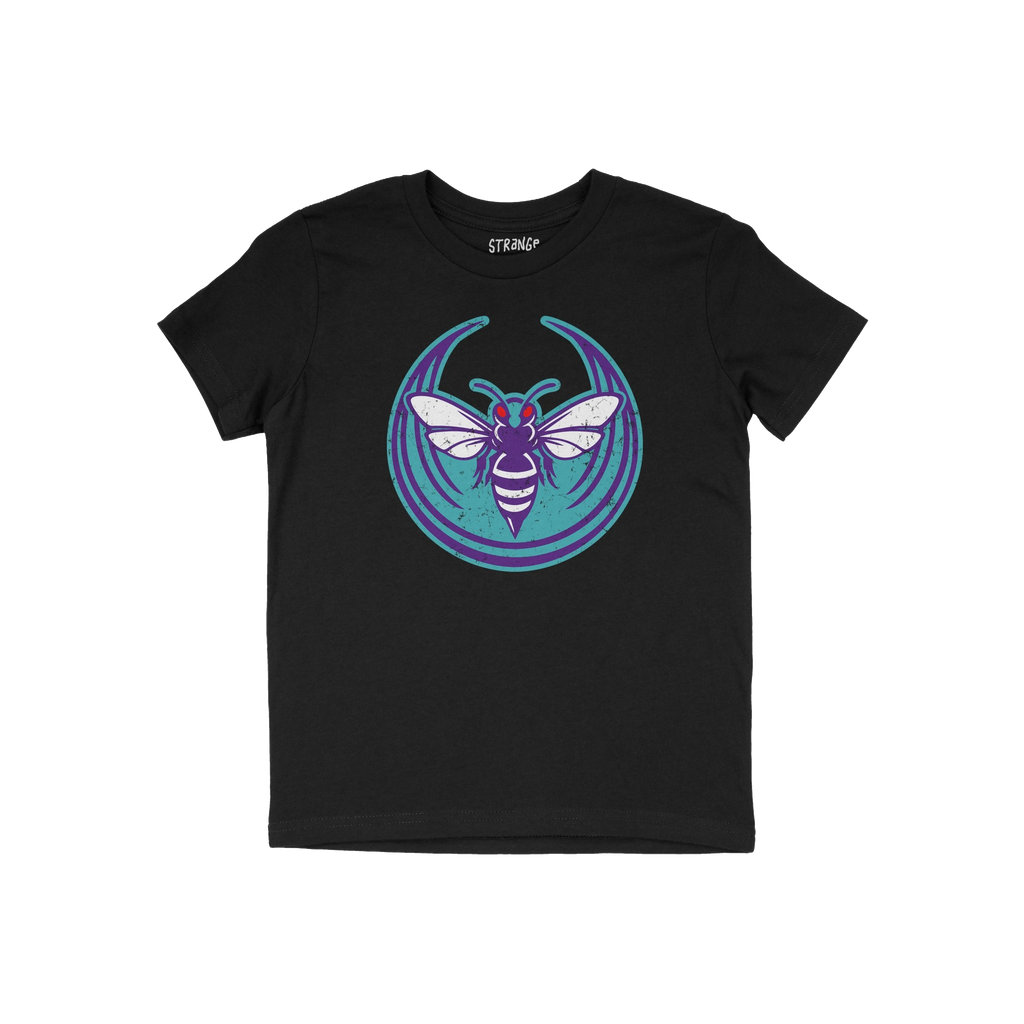 Charlotte Rebel Alliance T-shirt features a bold insect graphic with purple and white accents on a teal backdrop. The word ST