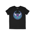 Charlotte Rebel Alliance T-shirt features a bold insect graphic with purple and white accents on a teal backdrop. The word ST