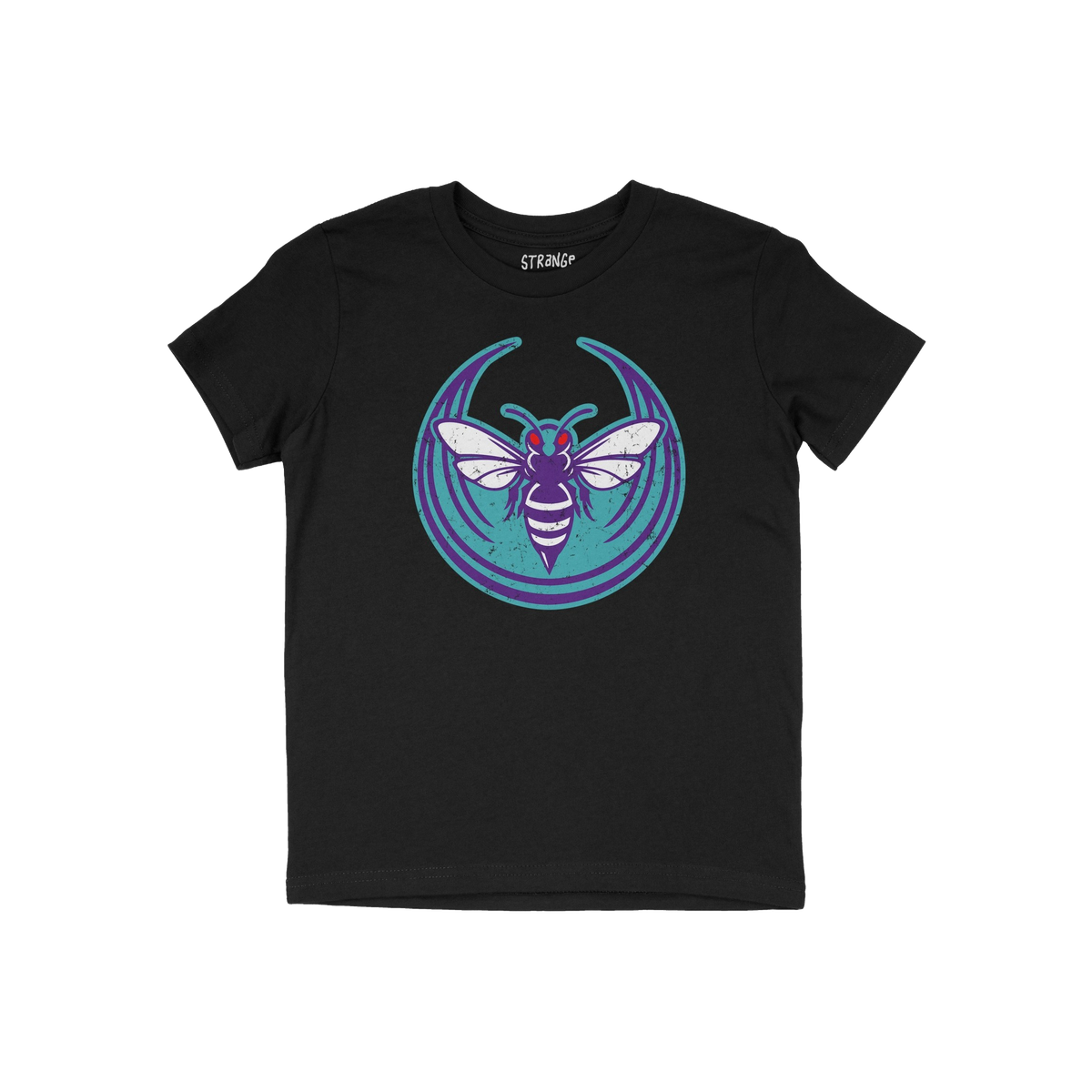 Charlotte Rebel Alliance T-shirt features a bold insect graphic with purple and white accents on a teal backdrop. The word ST