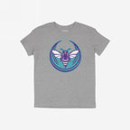 Charlotte Rebel Alliance T-shirt in heather gray features a retro-style bee graphic in purple and white, set against a teal backdrop. Ideal for protest-ready CLT households, this shirt embodies bold, anti-fascist values.