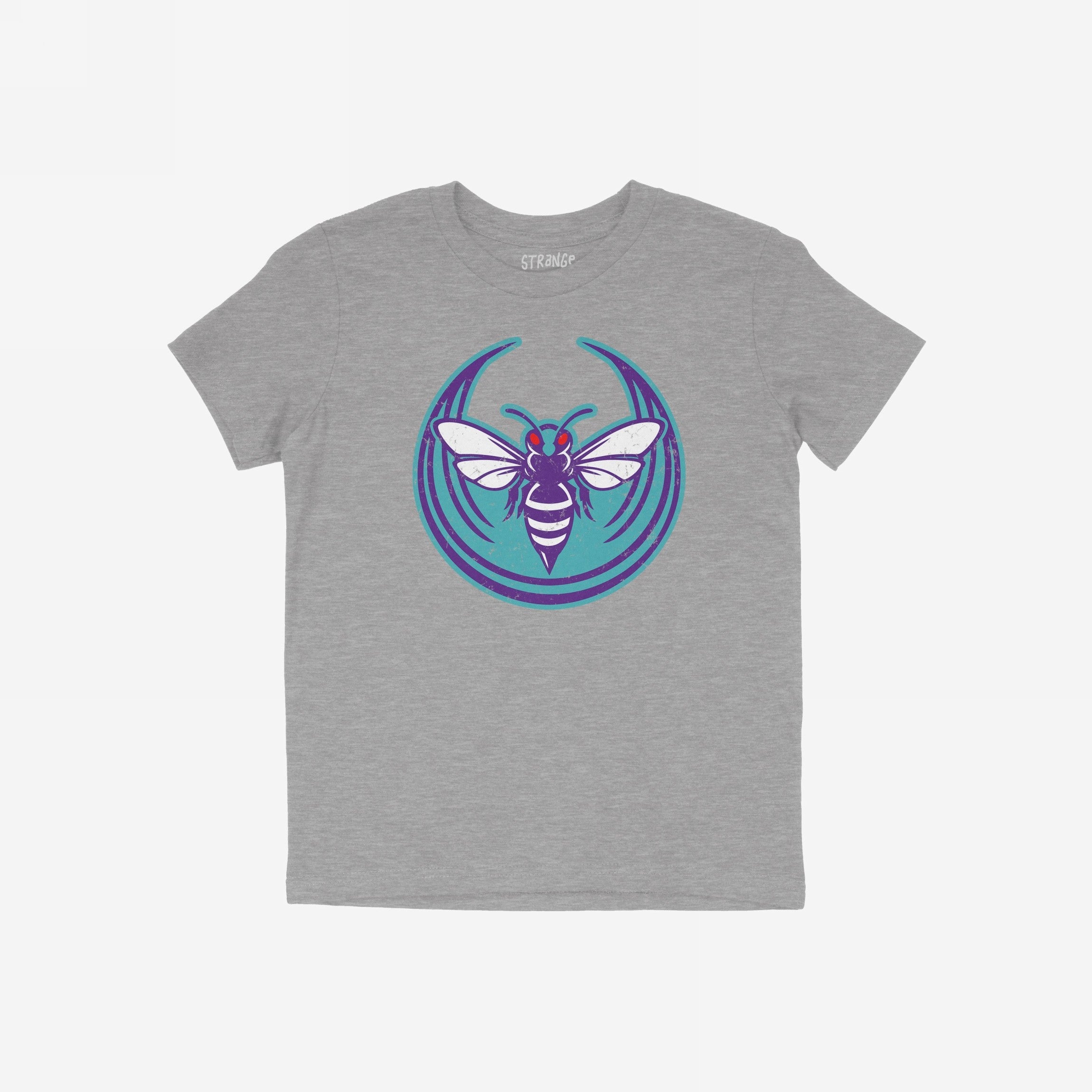 Charlotte Rebel Alliance T-shirt in heather gray features a retro-style bee graphic in purple and white, set against a teal backdrop. Ideal for protest-ready CLT households, this shirt embodies bold, anti-fascist values.