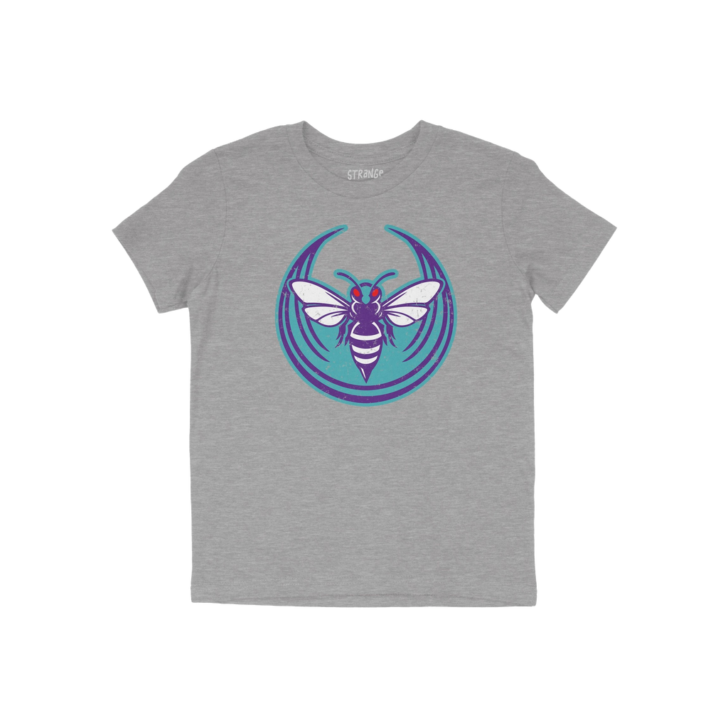 Charlotte Rebel Alliance T-shirt in heather gray features a retro-style bee graphic in purple and white, set against a teal b