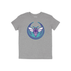 Charlotte Rebel Alliance T-shirt in heather gray features a retro-style bee graphic in purple and white, set against a teal b