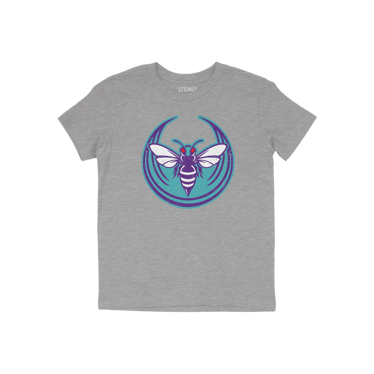 Charlotte Rebel Alliance T-shirt in heather gray features a retro-style bee graphic in purple and white, set against a teal b