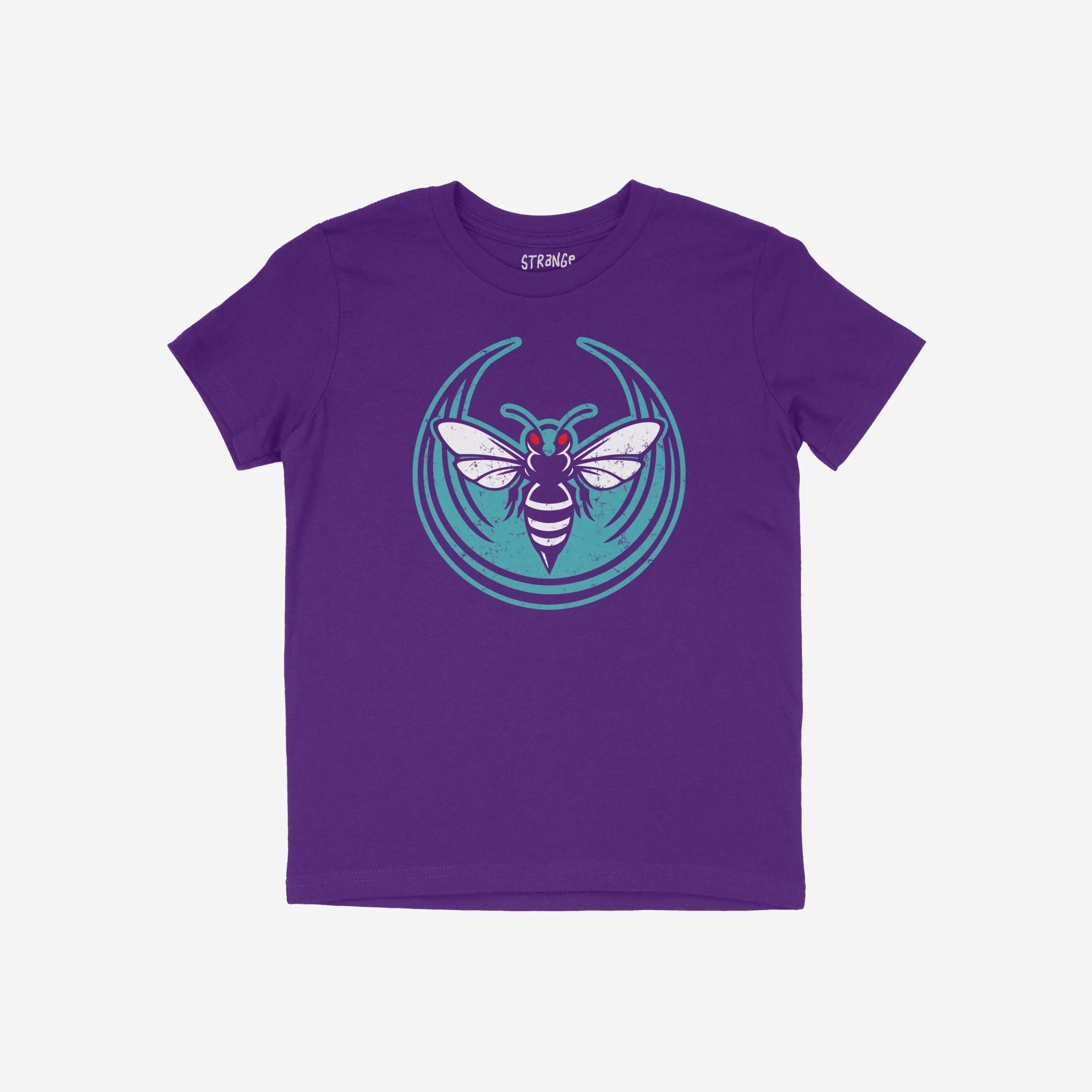 Charlotte Rebel Alliance T-shirt: A purple crew-neck tee featuring a stylized white-teal hornet with red eyes, symbolizing anti-fascism and equality, printed on the front against a teal circular backdrop.