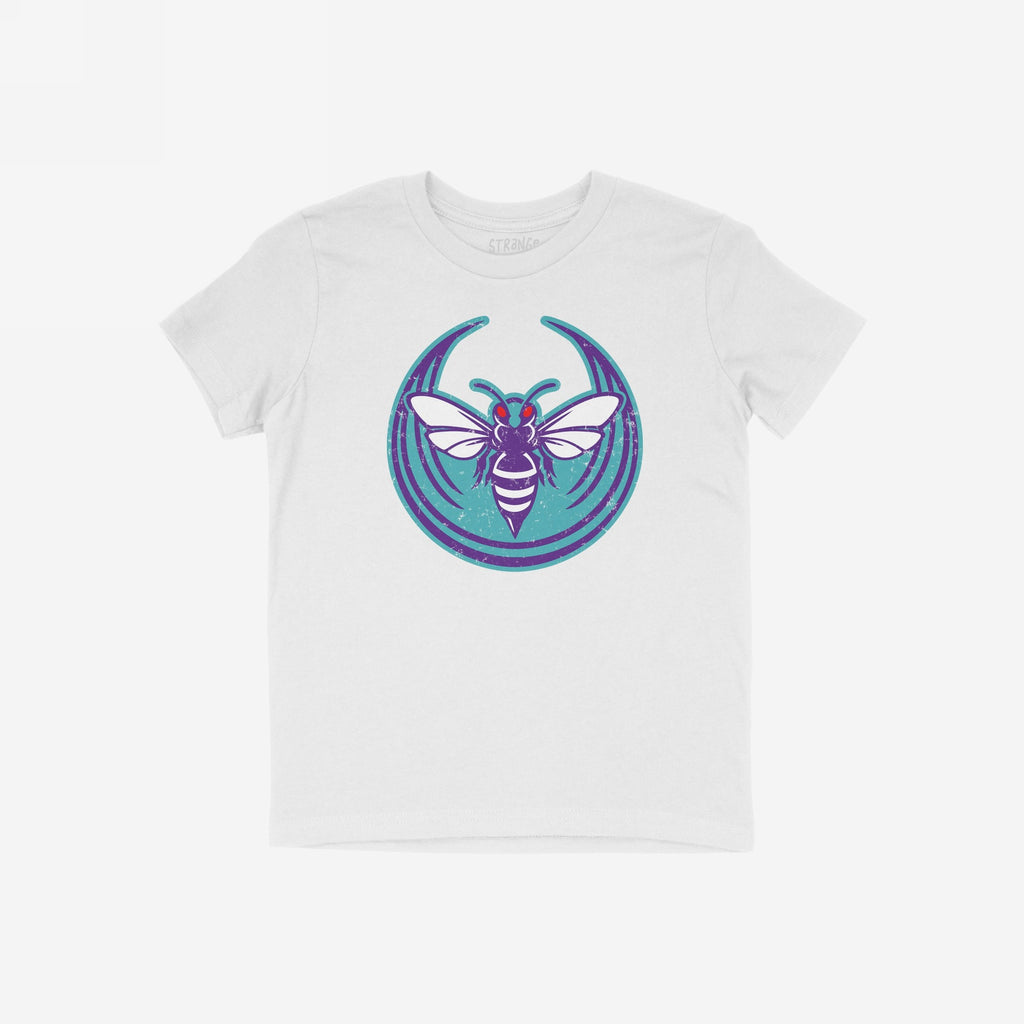 Charlotte Rebel Alliance T-shirt features a bold graphic of a purple-and-white bee with red eyes on a teal background, embodying anti-fascist and pro-equality messages. Ideal for those who stand for equality.