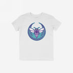 Charlotte Rebel Alliance T-shirt features a bold graphic of a purple-and-white bee with red eyes on a teal background, embodying anti-fascist and pro-equality messages. Ideal for those who stand for equality.