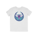 Charlotte Rebel Alliance T-shirt features a bold graphic of a purple-and-white bee with red eyes on a teal background, embody