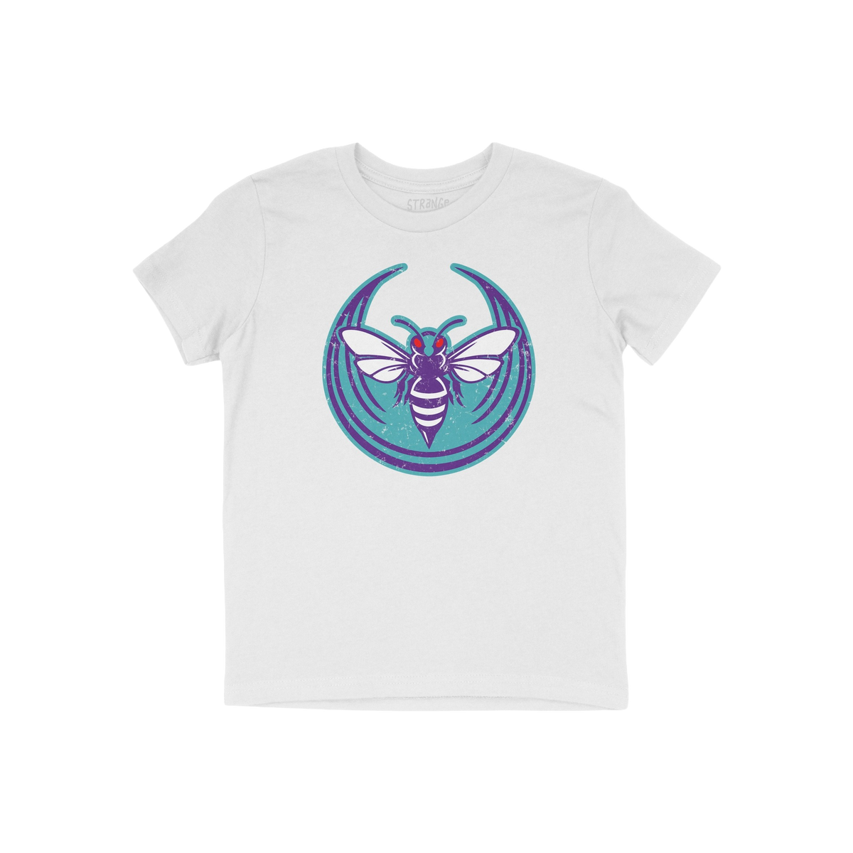 Charlotte Rebel Alliance T-shirt features a bold graphic of a purple-and-white bee with red eyes on a teal background, embody