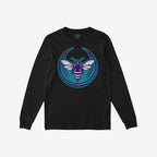 Charlotte Rebel Alliance T-shirt, black long-sleeve with purple and white hornet graphic, red eyes on teal circle. Represents anti-fascist, pro-equality values, ideal for activists, slim fit option.
