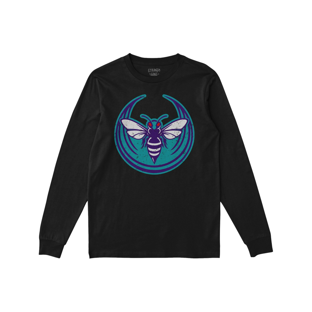Charlotte Rebel Alliance T-shirt, black long-sleeve with purple and white hornet graphic, red eyes on teal circle. Represents