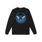 Charlotte Rebel Alliance T-shirt, black long-sleeve with purple and white hornet graphic, red eyes on teal circle. Represents
