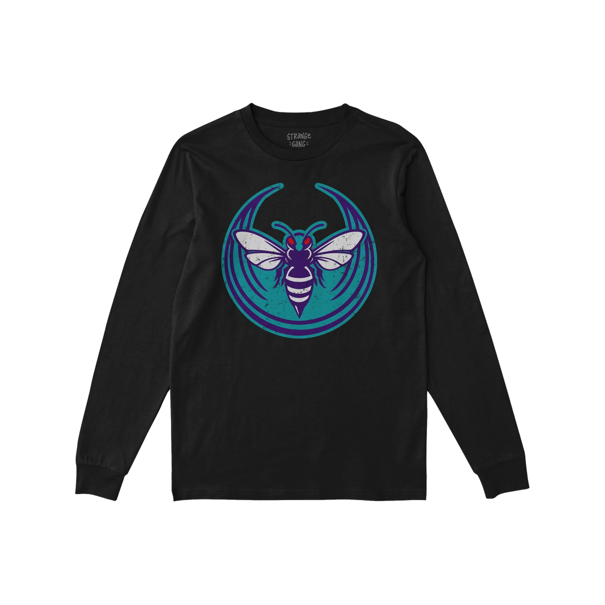Charlotte Rebel Alliance T-shirt, black long-sleeve with purple and white hornet graphic, red eyes on teal circle. Represents