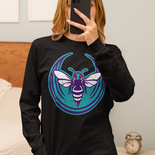Mirror selfie featuring the Charlotte Rebel Alliance T-shirt, showcasing a black long-sleeve design with a stylized hornet logo, embodying anti-fascist and pro-equality values.