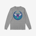 Heather-gray Charlotte Rebel Alliance T-shirt with a bold, stylized hornet graphic in teal, purple, white, and red on the chest, embodying anti-fascist and pro-equality values.