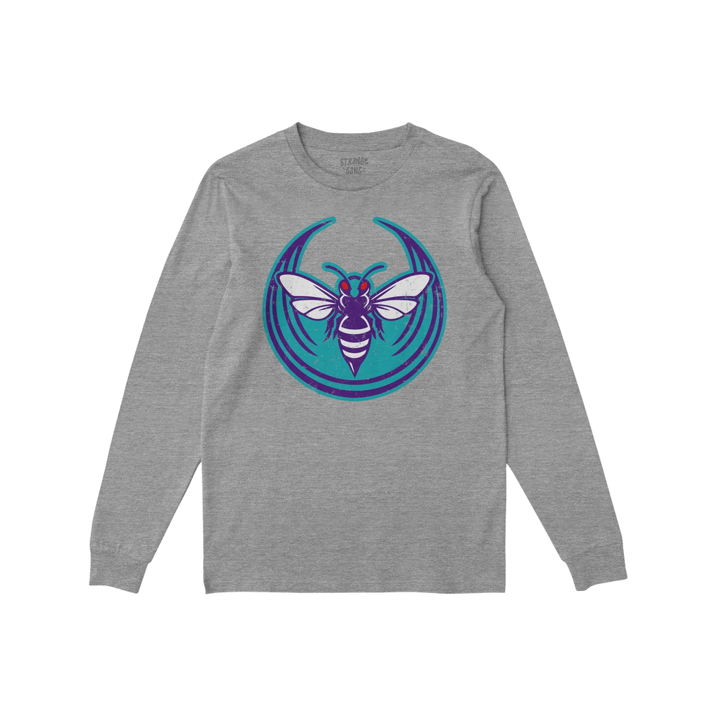 Heather-gray Charlotte Rebel Alliance T-shirt with a bold, stylized hornet graphic in teal, purple, white, and red on the che