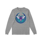 Heather-gray Charlotte Rebel Alliance T-shirt with a bold, stylized hornet graphic in teal, purple, white, and red on the che