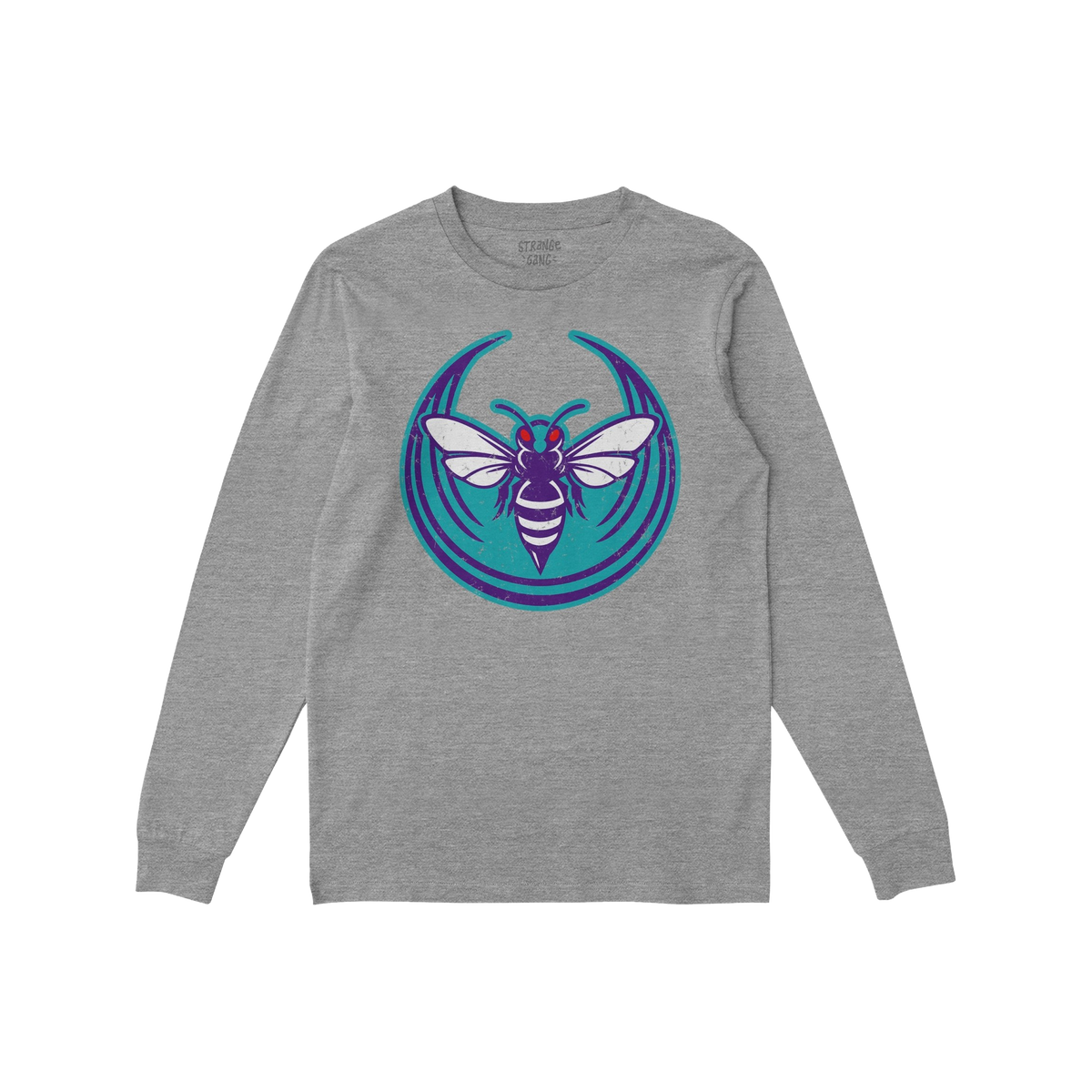 Heather-gray Charlotte Rebel Alliance T-shirt with a bold, stylized hornet graphic in teal, purple, white, and red on the che