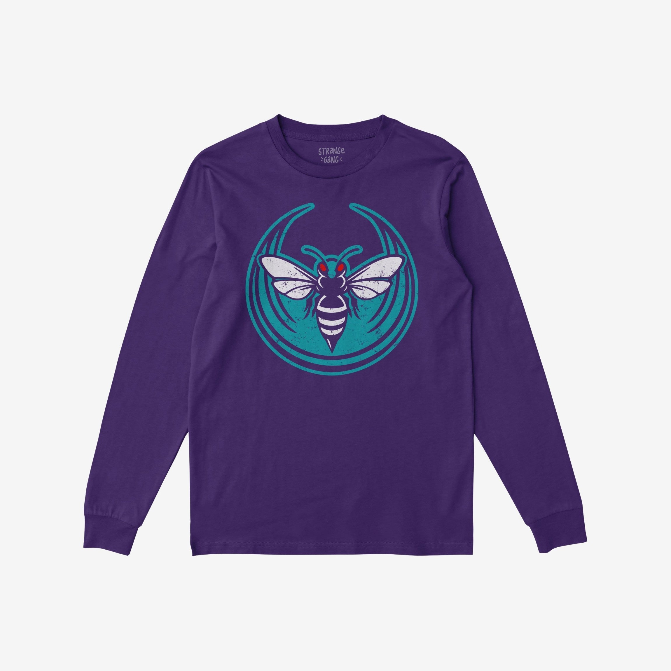 Charlotte Rebel Alliance T-shirt: Purple long-sleeve tee with a bold teal and white hornet graphic, reflecting anti-fascist and pro-equality values. Ideal for those who stand up for their beliefs.