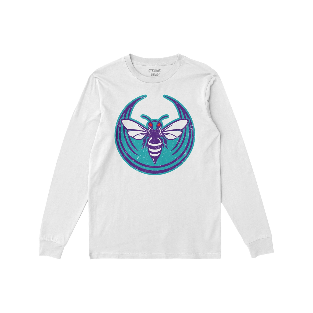 White, long-sleeved Charlotte Rebel Alliance T-shirt featuring a stylized purple and teal bee emblem, embodying anti-fascist 