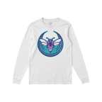 White, long-sleeved Charlotte Rebel Alliance T-shirt featuring a stylized purple and teal bee emblem, embodying anti-fascist 
