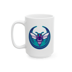 Charlotte Rebel Alliance Mug featuring a bold hornet emblem with red eyes and striped abdomen, set against a teal background.