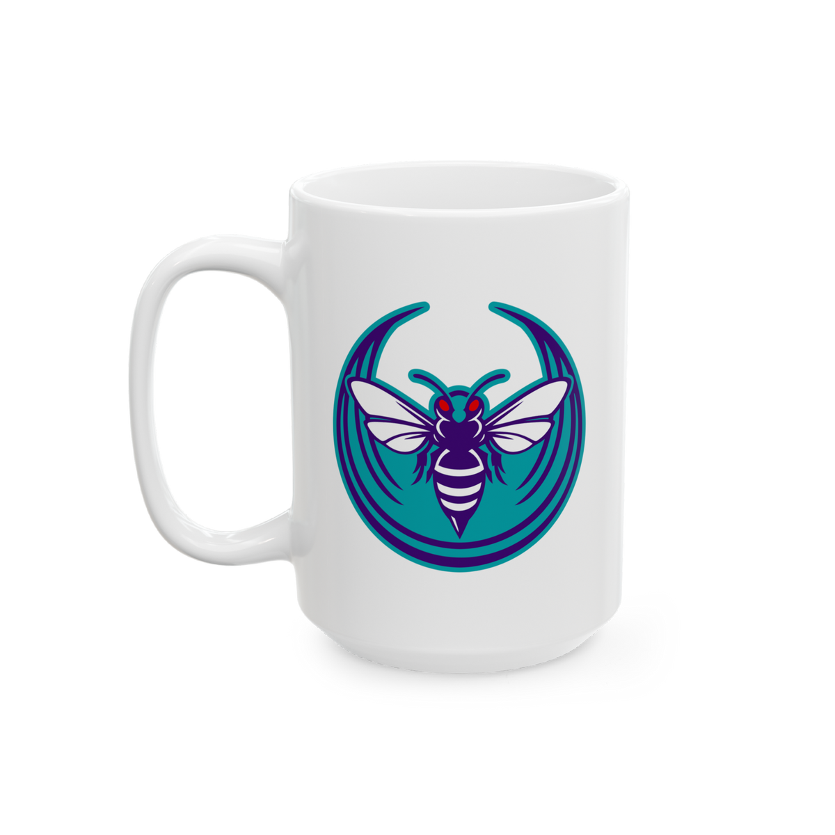 Charlotte Rebel Alliance Mug featuring a bold hornet emblem with red eyes and striped abdomen, set against a teal background.