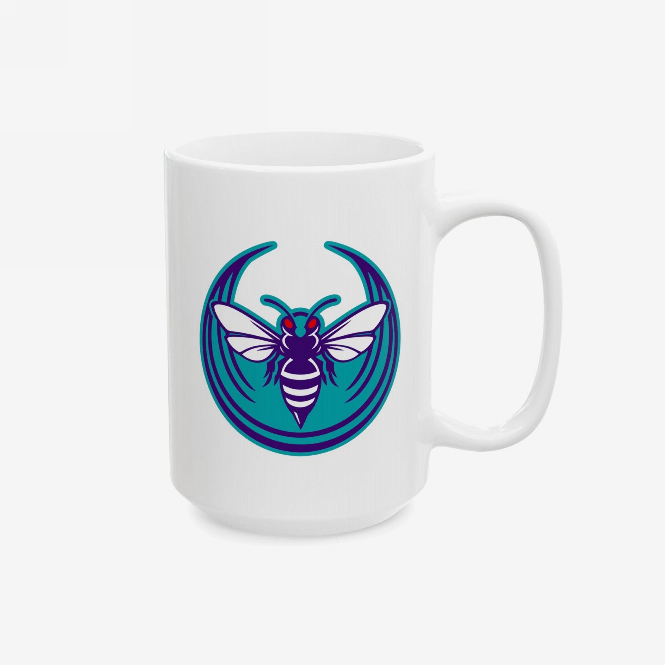 Charlotte Rebel Alliance Mug featuring a stylized hornet logo in teal and purple, symbolizing anti-fascism and equality. Dishwasher and microwave safe, available in 11 oz. and 15 oz. sizes.