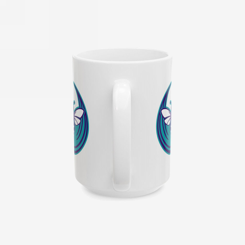 Charlotte Rebel Alliance Mug featuring a teal and purple swirl with a white butterfly silhouette, symbolizes anti-fascism and pro-equality. Perfect for locals and allies, available in 11 oz. and 15 oz.