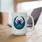 Charlotte Rebel Alliance Mug featuring a hornet logo against a teal backdrop, sitting on a wooden tabletop, ideal for locals and allies committed to equality and anti-fascism. Available in 11 oz. and 15 oz.