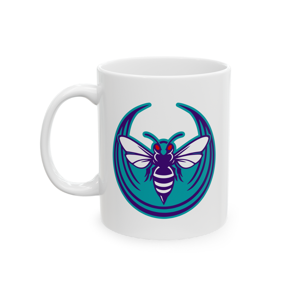 Charlotte Rebel Alliance Mug, featuring a teal and purple hornet logo with red eyes, embodies local activism. Available in 11