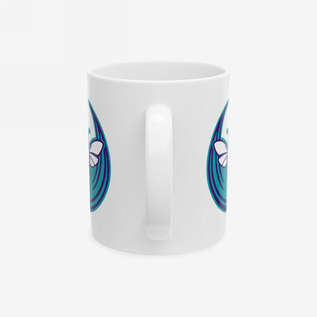 Charlotte Rebel Alliance Mug featuring a teal and purple swirl with a white butterfly silhouette, embodying a bold, anti-fascist spirit. Available in 11 oz. and 15 oz., dishwasher and microwave safe.