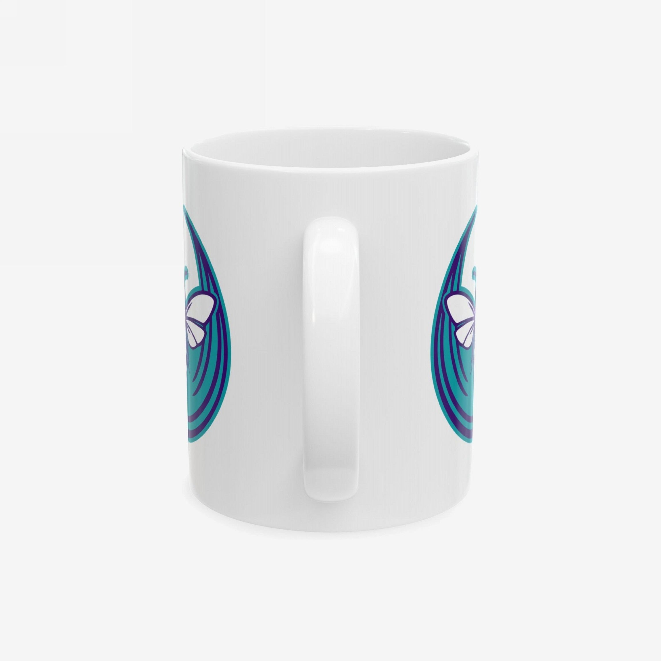 Charlotte Rebel Alliance Mug featuring a teal and purple swirl with a white butterfly silhouette, embodying a bold, anti-fascist spirit. Available in 11 oz. and 15 oz., dishwasher and microwave safe.