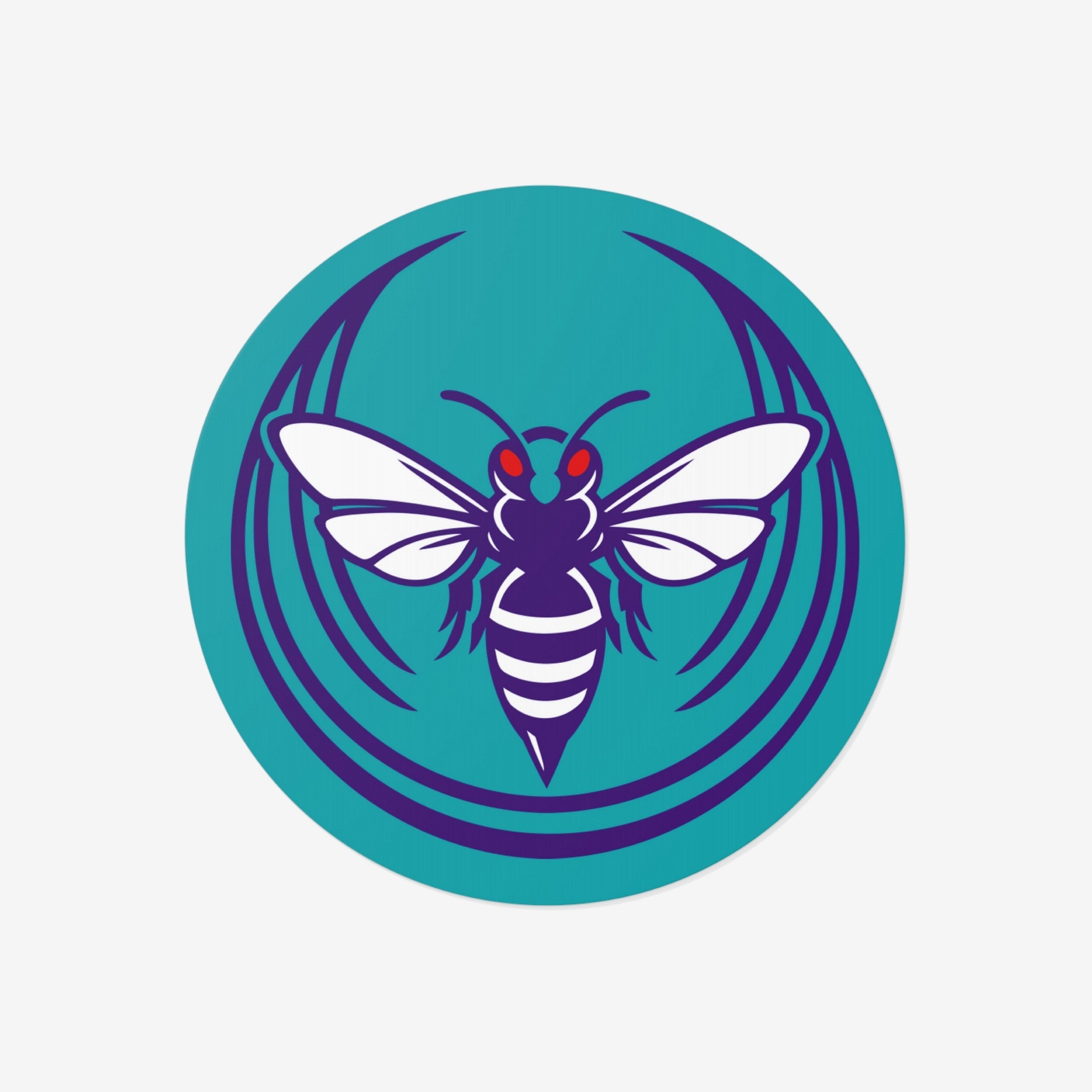Charlotte Rebel Alliance Sticker features a stylized hornet with deep purple body and white wings, captured in motion within a circular teal badge, symbolizing anti-fascist and pro-equality sentiments.