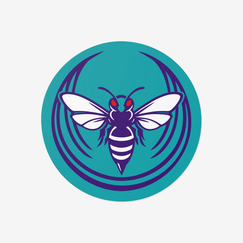 Charlotte Rebel Alliance Sticker features a stylized hornet with deep purple body and white wings, captured in motion within a circular teal badge, symbolizing anti-fascist and pro-equality sentiments.