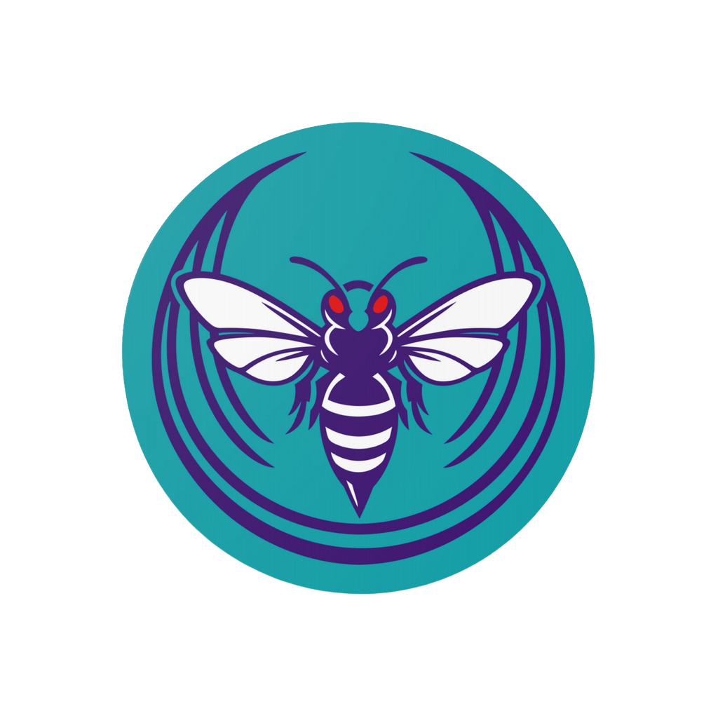 Charlotte Rebel Alliance Sticker features a stylized hornet with deep purple body and white wings, captured in motion within 