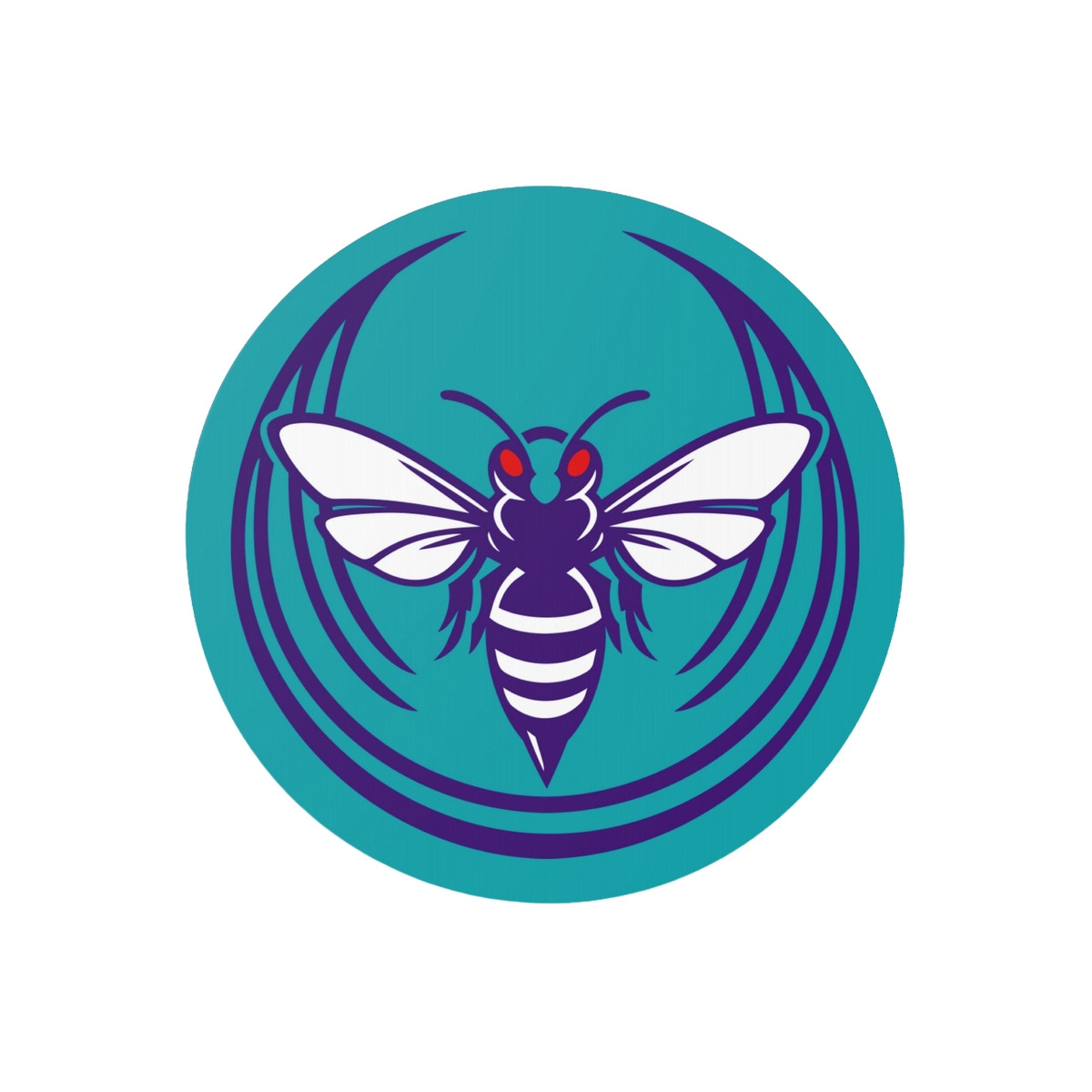 Charlotte Rebel Alliance Sticker features a stylized hornet with deep purple body and white wings, captured in motion within 